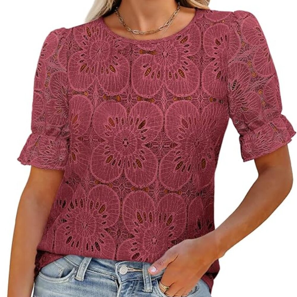 Women's Eyelet Tops Puff Short Sleeve Blouse Size Medium